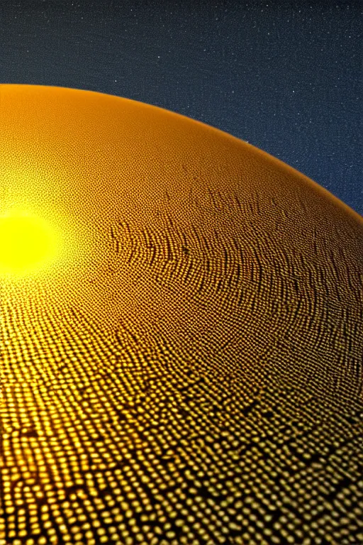 Image similar to isometric view of a shiny metallic glowing UFO hovering over a crop circle of intricate geometric pattern in flattened wheat, Cryengine, hyperrealistic, Artstation