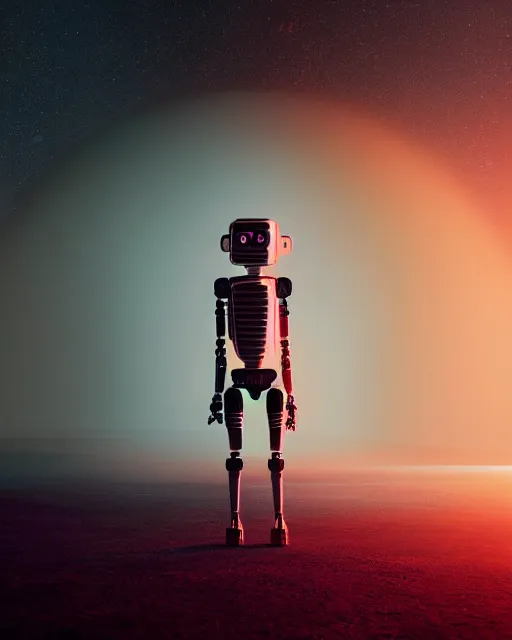 Image similar to a robot standing in front of a glowy open door that's on a barren moon, poster art by mike winkelmann, trending on cg society, space art, sci - fi, ue 5, futuristic, volumetric lighting, light casting onto the ground, neat composition and camera angle