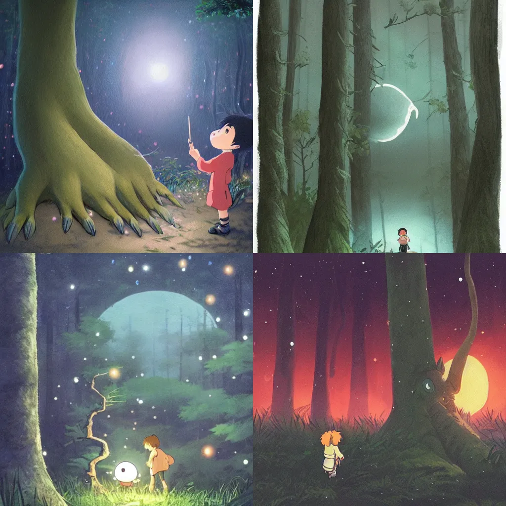 Prompt: a small boy leaning on a tree encounters a giant furry one - eyed monster in a misty moonlit forest, painting by studio ghibli. surrounded by fireflies, cinematic lighting, trending on cgsociety - c 1 0