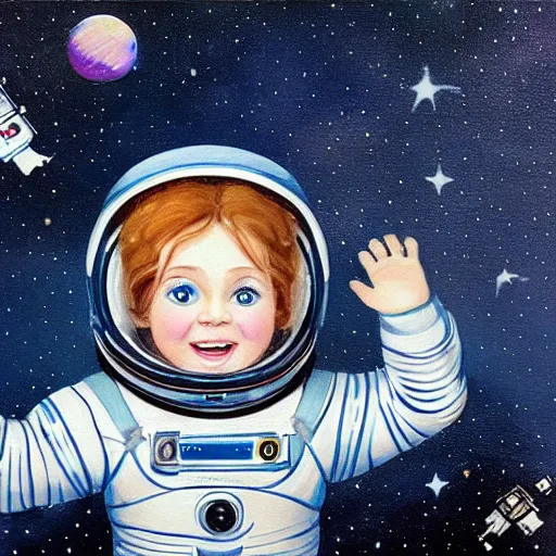 Prompt: a cute little girl with a round cherubic face, blue eyes, and short wavy light brown hair smiles as she floats in space with stars all around her. she is an astronaut, wearing a space suit. beautiful painting with highly detailed face by greg rutkowski and quentin blake