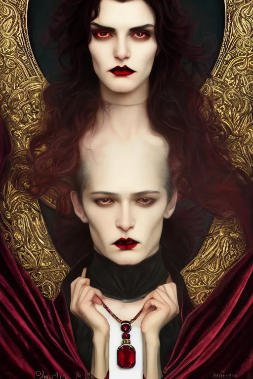 Image similar to a beautiful androgynous man, long thick dark hair, deep brown eyes, vampire, dressed in velvet, wearing a ruby pendant, illustration, dramatic lighting, soft details, painting oil on canvas, art nouveau, octane render, HDR, 4k, 8k, HD, by Edmund Blair Leighton, Brom, Charlie Bowater, faces by otto schmidt