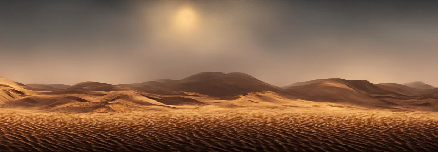 Prompt: A desertic landscape with dune and sandstorm by paul chadeisson and aaron westwood, cinematic lighting, extremely detailed, ultra realistic, trending on artstation, 8K