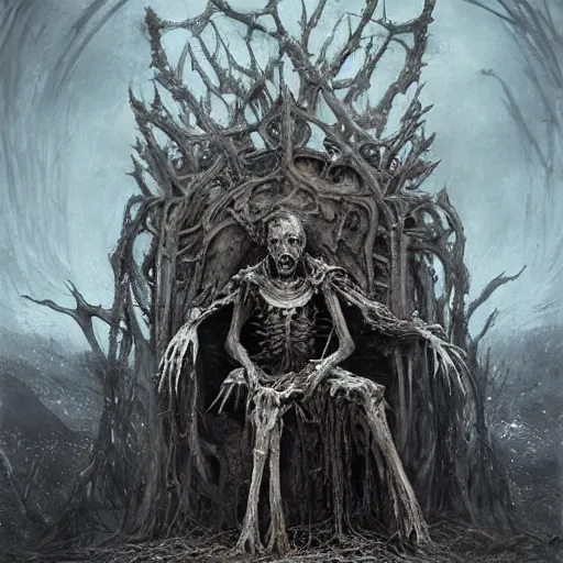 Image similar to withered old king sitting on a throne of rotting bones, highly detailed painting by seb mckinnon, 8 k