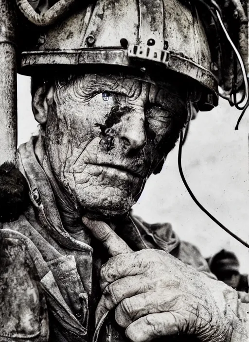 Image similar to hyper detailed bright photograph of a tired miner by don mccullin, color, dslr