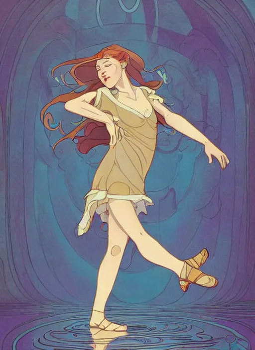 Image similar to well - lit art nouveau portrait of a 1 3 - year old girl dancing in the rain, natural lighting, path traced, highly detailed, high quality, cartoon, digital painting, by don bluth and ross tran and studio ghibli