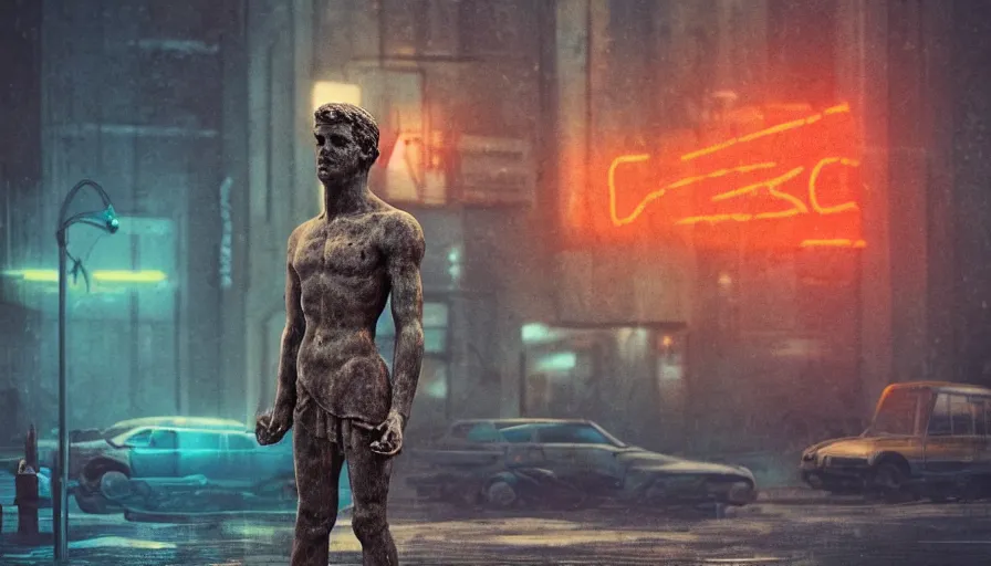 Prompt: a small weathered ancient greek sculpture standing in a square, surrounding by of cyberpunk city, neon sign, bladerunner, digital illustration, artstation, cinematic composition