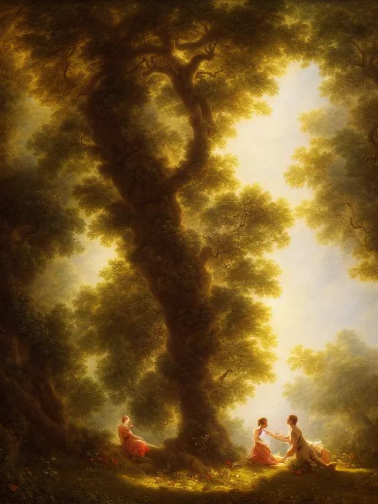 Prompt: portrait of the secret lovers kissing against a tree, shaded forest, volumetric light, afternoon, light wind, wild flowers, chiaroscuro, john longstaff, jean - honore fragonard, francois boucher, anna dittmann, 4 k