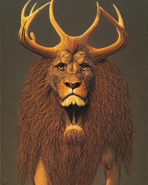 Image similar to a creature with the body and eyes of a man, with the beak of an eagle, the mane of a lion, and the antlers of a bull. drawn by moebius and zdzislaw beksinski