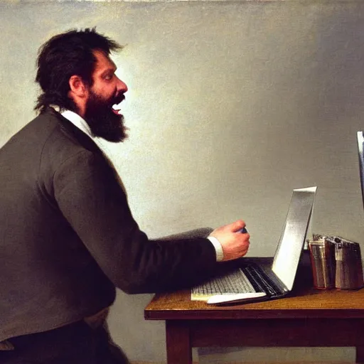 Image similar to an angry man yells at his computer monitor, oil on canvas, 1 8 8 3, highly detailed