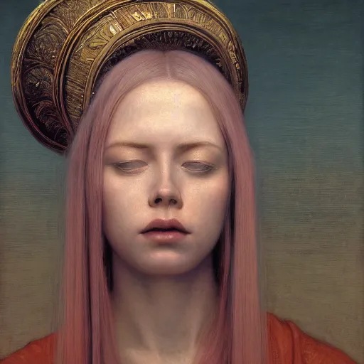 Prompt: Woman masterpiece, portrait, Avril Lavigne, pink, golden halo behind her head, wires, lines, by Edgar Maxence and Ross Tran, Zdzisław Beksiński, and Michael Whelan, distant, gustav dore, H.R. Giger, 8k, octane render