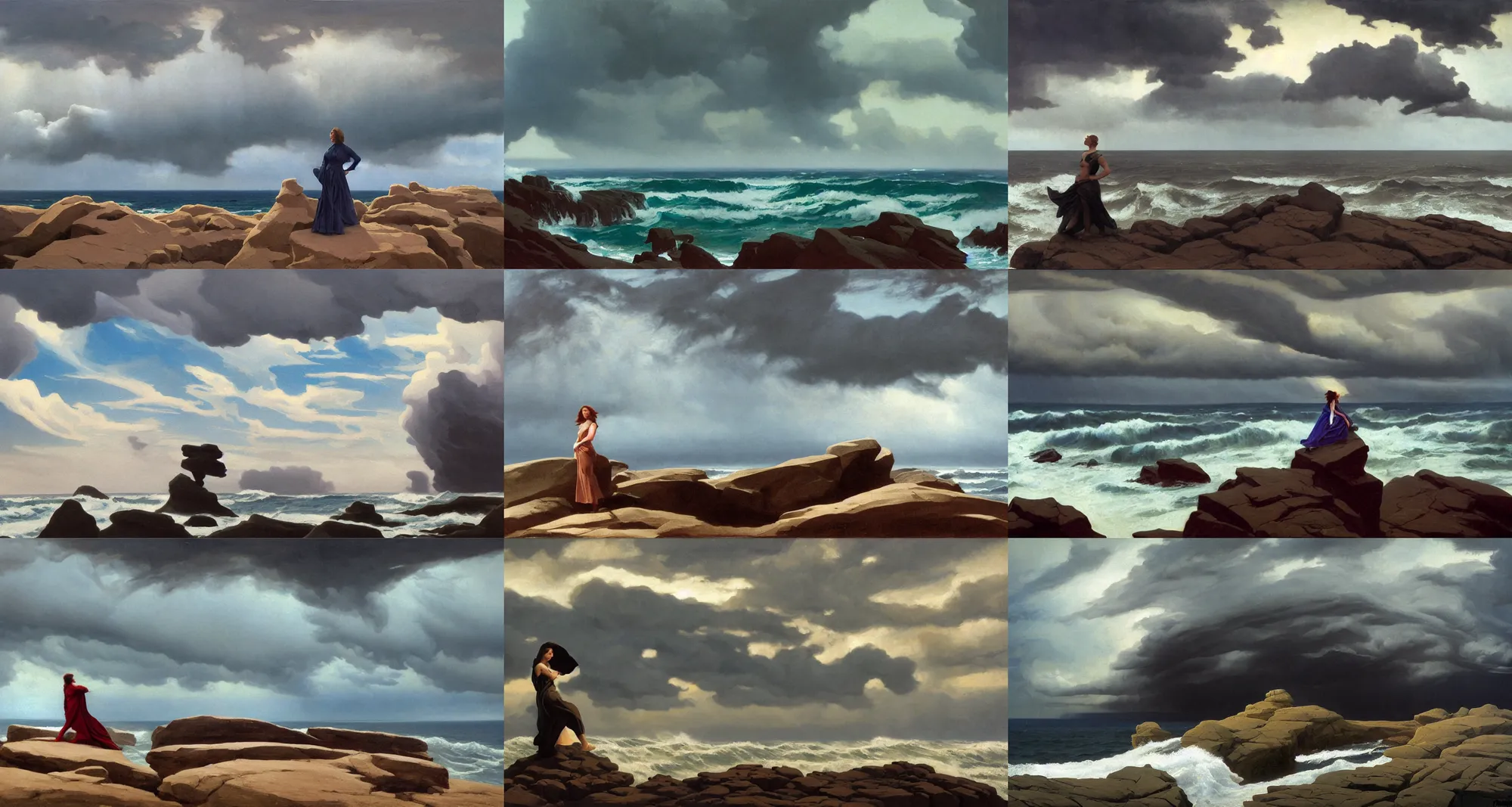 Prompt: long range focus shot 200 mm, dramatic light, thunder clouds in the sky, stormy sea by frederick judd waugh, simple form, brutal shapes stormy sky, extremely strong wind, cumulonimbus, woman in dress figure standing on the stones, realism, view from above on seascape, matte painting, cinematic view, artwork by ed mell christopher blossom and frederick judd waugh and franklin carmichael and Russ Kramer and ivan aivazovsky and isaac levitan