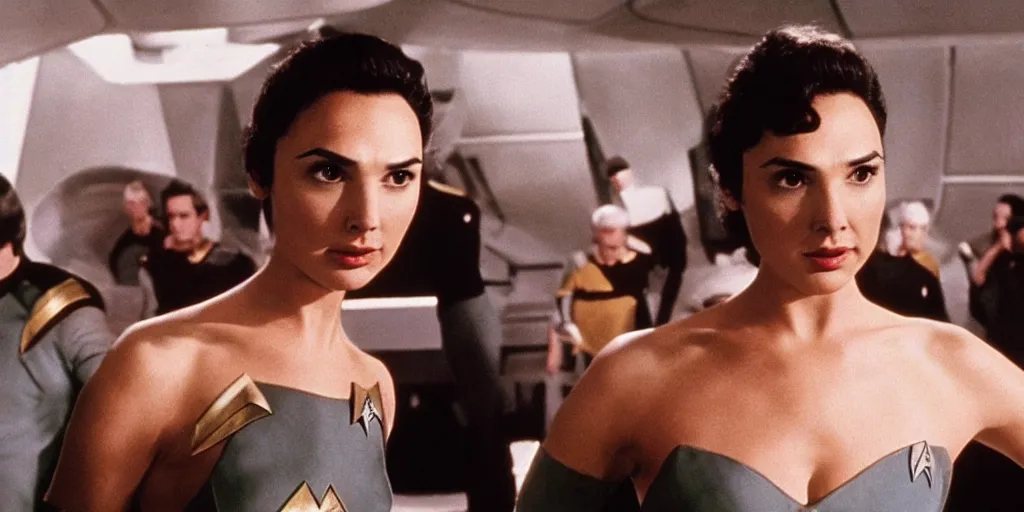 Image similar to a scene from Trouble with Tribbles, an episode of the original Star Trek series, with Gal Gadot, in Starfleet uniform, in the role of Captain Kirk