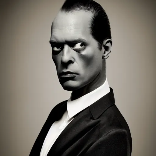 Image similar to professional head shot photograph of fashion model homer simpson wearing black suit by reza nia, nick knight, amy judd, jil sander minimal romantic heavenly elite style, posed, fluorescent makeup, beautiful, studio, studio lighting, flat natural tones, sharp focus, 8 k, very fine detail, stunning matte painting