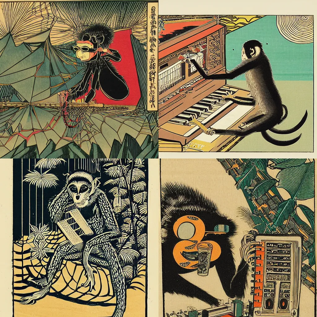 Prompt: a detailed woodblock print of a spider monkey in sunglasses playing an eurorack synthesizer and drinking a marguerita, art by yoshitoshi