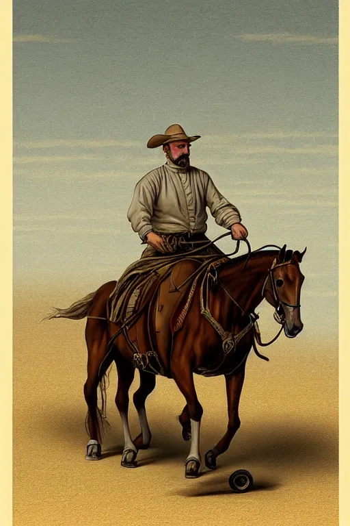 Image similar to a man riding a horse with wheels wagon!!!!!!!!!!!!!! by chris mcgrath and greg rutowski, muted colors, detailed