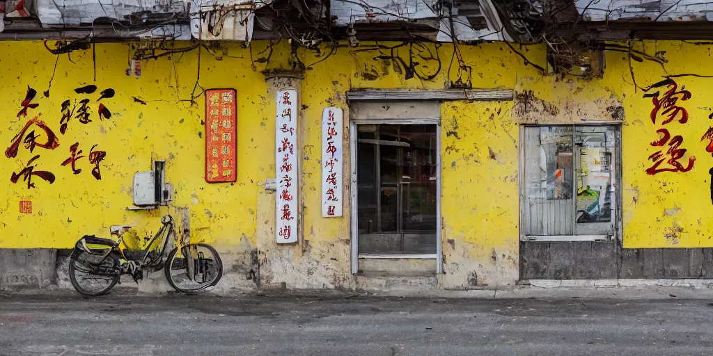 Image similar to an old and abandoned chinese restaurant with a sign saying chen chow and with a yellow wall mural saying open 2 4 hours