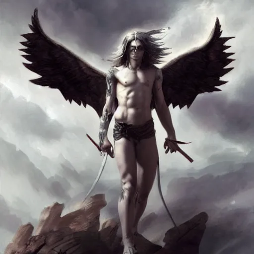 Image similar to very attractive androgynous fallen angel with shaved head on one side and with tattoos on his body falling through the sky battling superior angels, beautiful, hd, high detailed, 4 k, art by da vinci, art by greg rutkowski