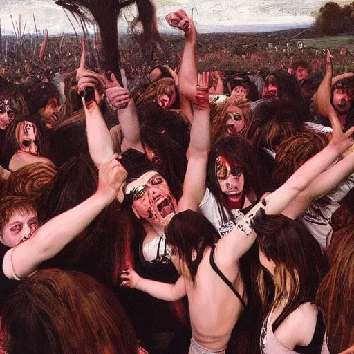 Image similar to a mosh pit full with punks girls in a thrash metal show painted in the john william waterhouse oil