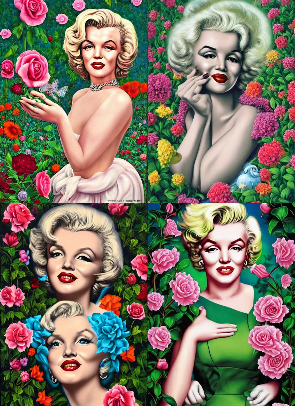 Prompt: marlyn monroe in the flower garden by Mark Ryden and Alex Gross, Todd Schorr highly detailed