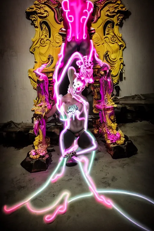 Image similar to full-body rococo and cyberpunk style neon statue of a muscular attractive Rafael wearing cholo shades macho dotado e rico android sim roupa reclining con las piernas abertas e la piroca dura, ethereal white dripping tar, glowing orange lasers, pink tigers, glowing eyes, silver prince crown, black gears, pink diamonds, swirling mint-colored silk fabric. futuristic elements. full-length view. human skulls. large intricate artwork by caravaggio. Trending on artstation, octane render, cinematic lighting from the right, hyper realism, octane render, 8k, depth of field, 3D