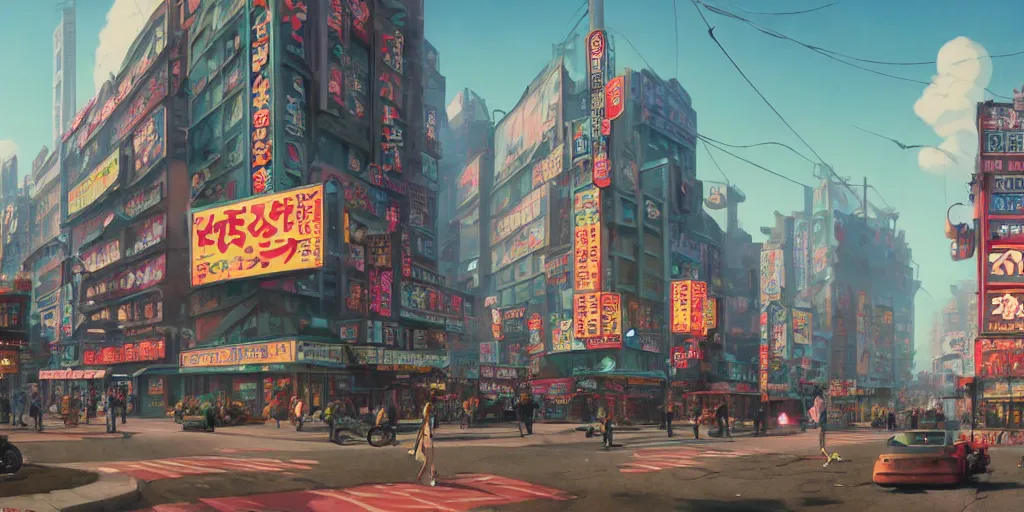 Image similar to A highly fantasy detailed matte painting of Buildings with Japanese Billboards and neonsigns by Studio Ghibli, Makoto Shinkai, by Artgerm, by WLOP, by Greg Rutkowski, volumetric lighting, octane render, 4K resolution, trending on artstation, masterpiece, simon stalenhag