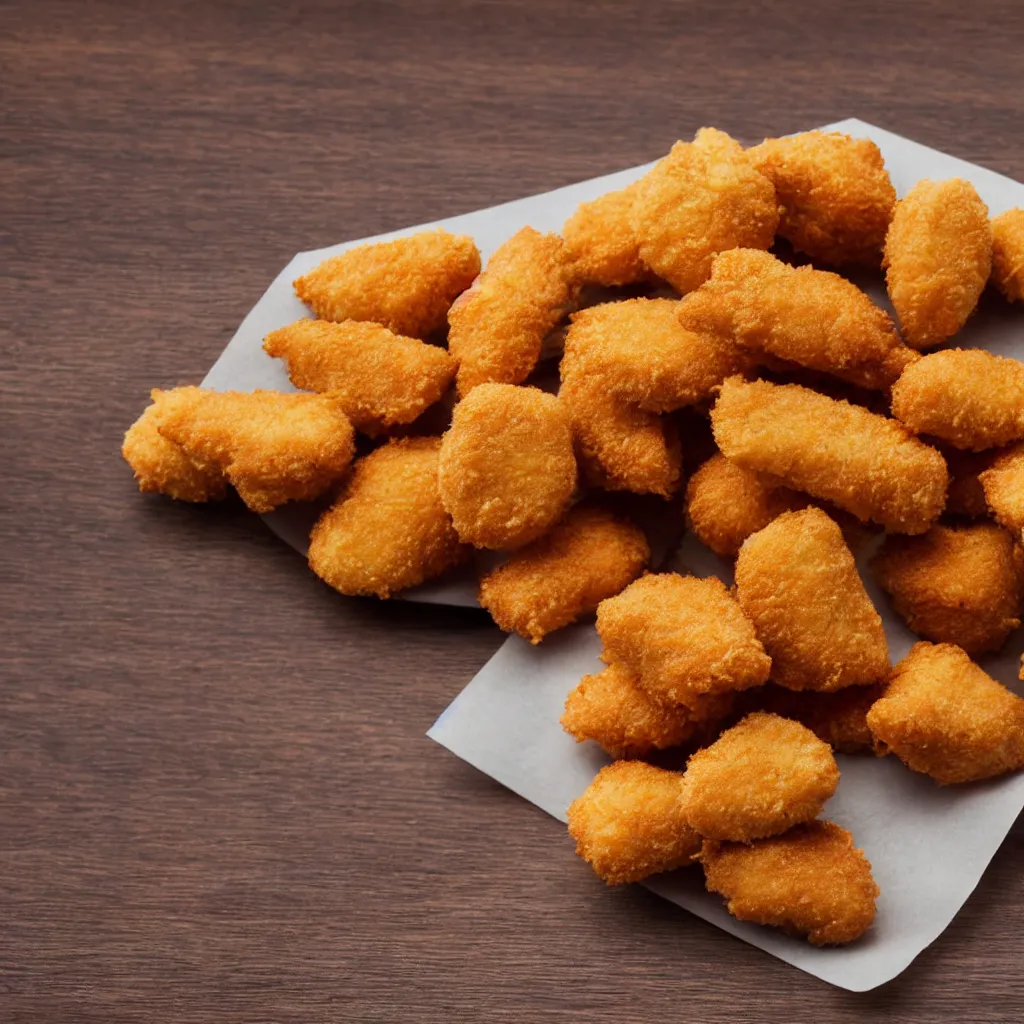 Image similar to close-up view of chicken nuggets on top of a wooden table, 8k, high detail, photorealistic, proper shading