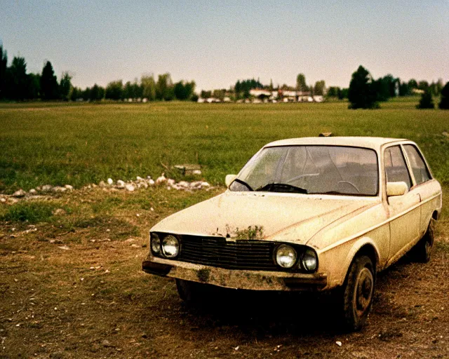 Image similar to a lomographic photo of old lada 2 1 0 7 standing in typical soviet yard in small town, hrushevka on background, cinestill, bokeh