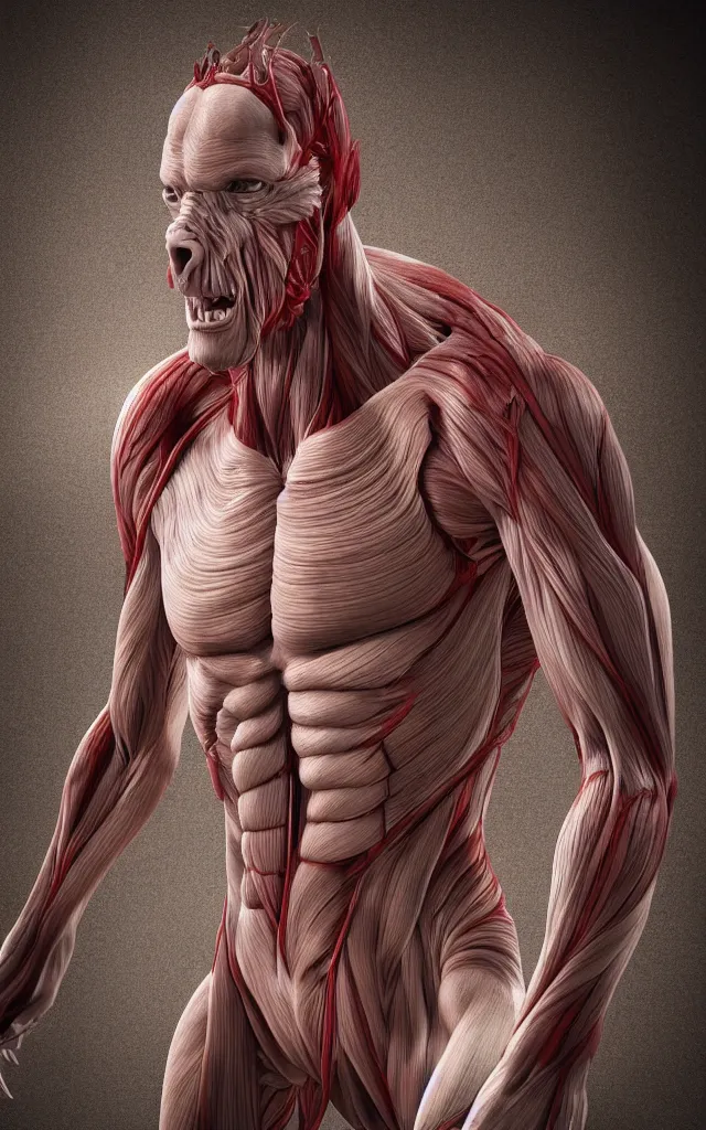 Image similar to intricated scientific medical 3d animation of the muscles and veins of a centaur monster in a mud road 3d octane render studio lighting