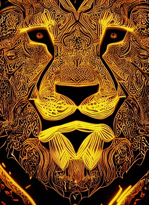 Prompt: A lion face made of Arabic Calligraphy depicting in glowing neons, fisheye lens, unreal 5, DAZ, hyperrealistic, octane render, dynamic lighting
