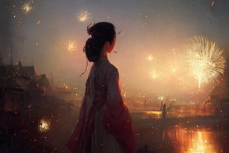 Prompt: a beautiful picture of fireworks at night, village, a girl in hanfu, by greg rutkowski and thomas kinkade, trending on artstation