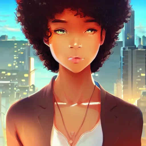 Image similar to a beautiful woman with a soft smile and afro hair , dark brown hair and tan skin, dark brown eyes, city landscape, 4k, anime key visual, lois van baarle, ilya kuvshinov, rossdraws, artstation