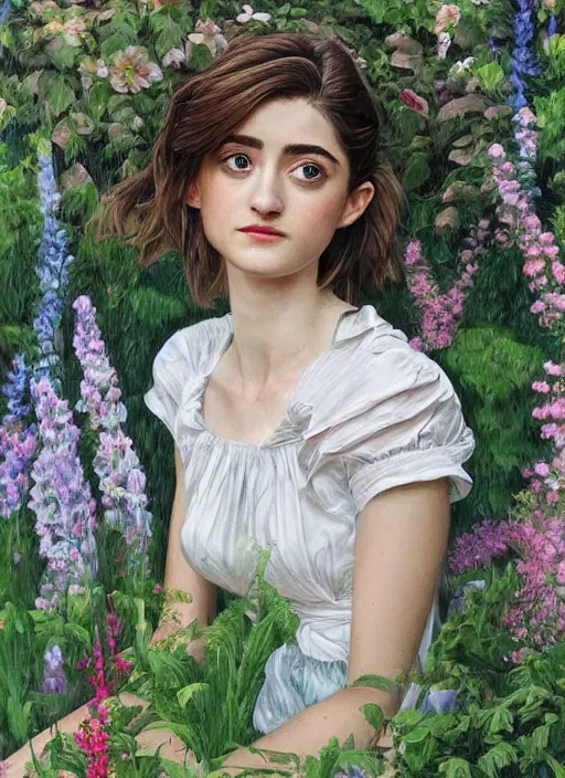 Prompt: a beautiful portrait of Natalia Dyer sitting in a stunning garden, Artgerm, hyperdetailed, realistic