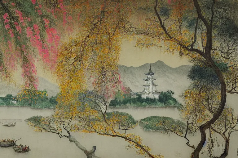 Prompt: an ultradetailed landscape painting of scenic westlake in china hangzhou, light yellow may flowers blossoms nearby, pagodas faraway, autumn wind, chinese water color, smooth, by hilma af klint