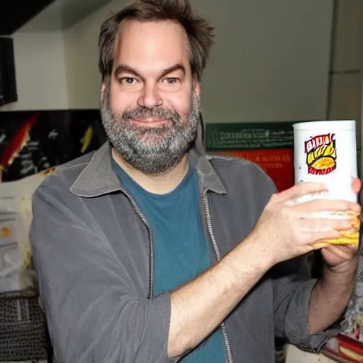 Image similar to Dan Harmon holding a Pringles can