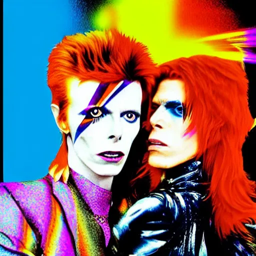 Image similar to david bowie getting a piggy back ride from ziggy stardust, digital art, glam rock. pop art background.