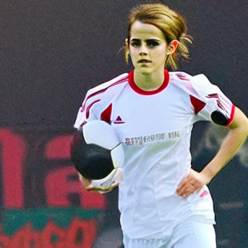 Image similar to emma watson as lokomotiv football player, hyper realistic, highly detailed