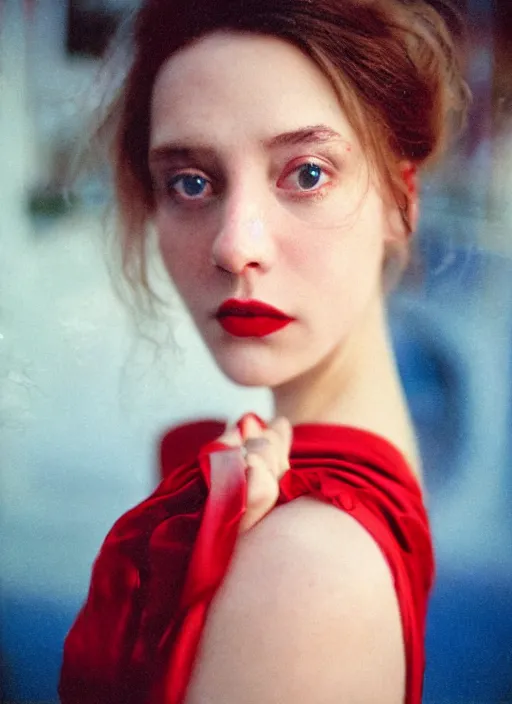 Image similar to extra close-up, color film photography, portrait of beautiful woman in red silk, in style of nan goldin, blue hour, 35mm, film photo