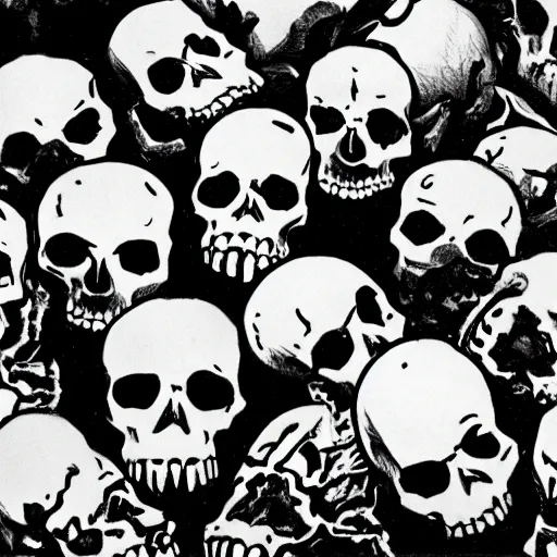 Prompt: Skulls lying on a shelf. Close Up Shot, Dark Fantasy, Film Noir, Black and White. High Contrast, Mike Mignola, D&D, OSR, Glowing