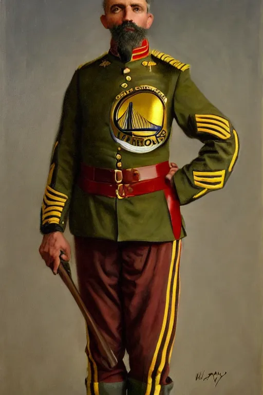 Image similar to full body portrait of the dictator of the golden state warriors, 1 8 8 9, in full military garb, oil on canvas by william sidney mount, trending on artstation