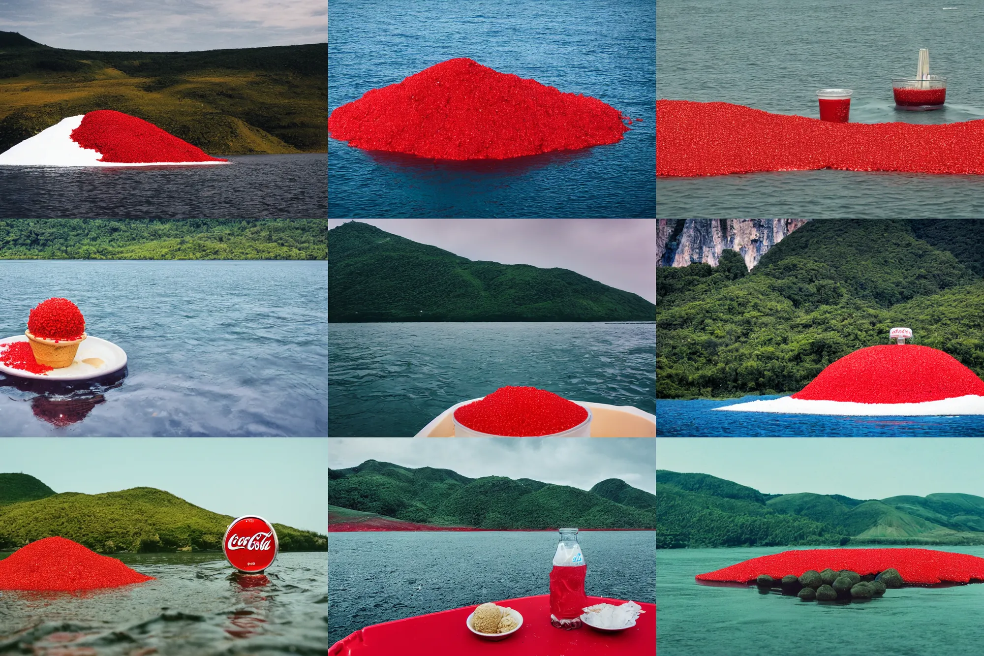 Prompt: an island made of food, water from coca - cola around the island, red caviar instead of sand, hills with ice cream instead of mountains, photo taken from a boat, 3 5 mm, cinematic