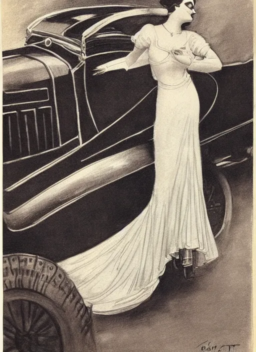 Prompt: Louis Icart, a drawing of a woman posing in front of a 1920's car by Louis Icart, highly detailed, masterpiece, trending on ArtStation, ultra realistic