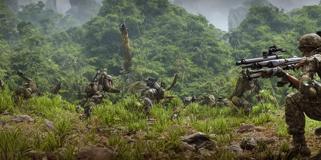 Image similar to soldiers aiming rifles at a dinosaur in the jungle, very highly detailed, 4k, cinematic, unreal engine 5