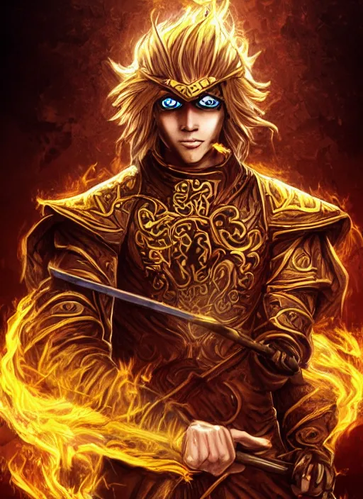 Prompt: An Artstation drawing style of a young man wearing a black scale ninja outfit with golden details, no mask, wavy golden hair and blue eyes. He is holding a golden bo staff. He is in a fiery desert with a blue sky.