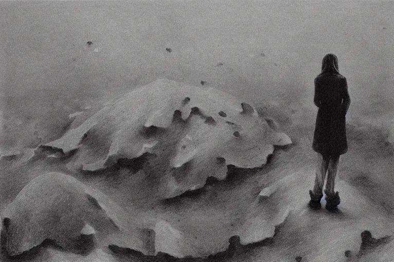 Prompt: a surrealist painting of a lonely woman with pale skin and red hair, standing over pile of bodies in post apocalyptic snowy landscape, golden ratio, painted by zdzisław beksinski