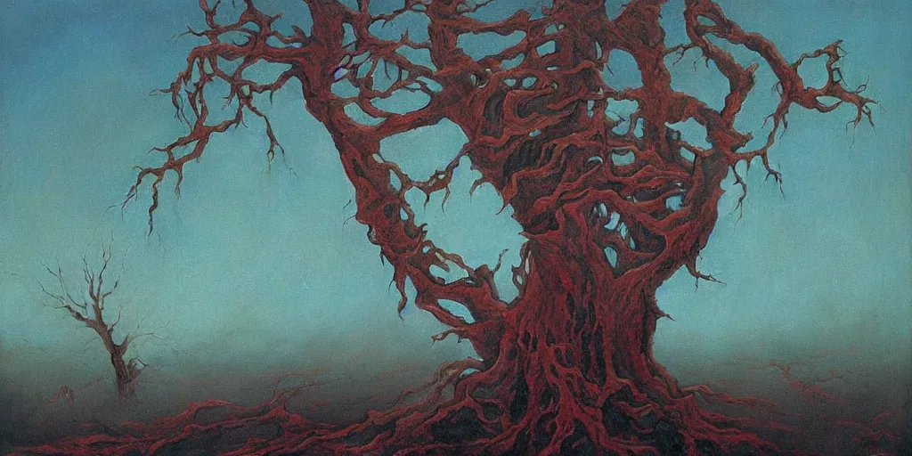 Image similar to Painting in style of Beksinski featuring a dying tree made of human hands reaching for the sunlight