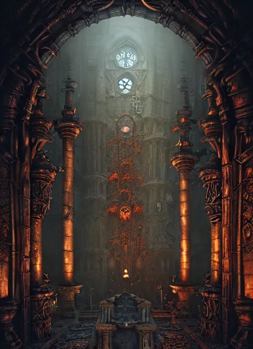 Image similar to steam necropolis, memento mori, gothic, neo - gothic, art nouveau, hyperdetailed copper patina medieval icon, stefan morrell, philippe druillet, ralph mcquarrie, concept art, steampunk, unreal engine, detailed intricate environment, octane render, moody atmospherics, volumetric lighting, ultrasharp, ominous, otherworldly