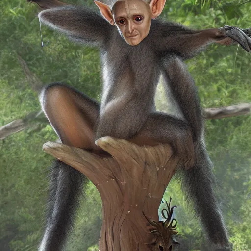 Image similar to fantasy elves descended from gibbons. HD photorealistic render reconstruction from fossil evidence.