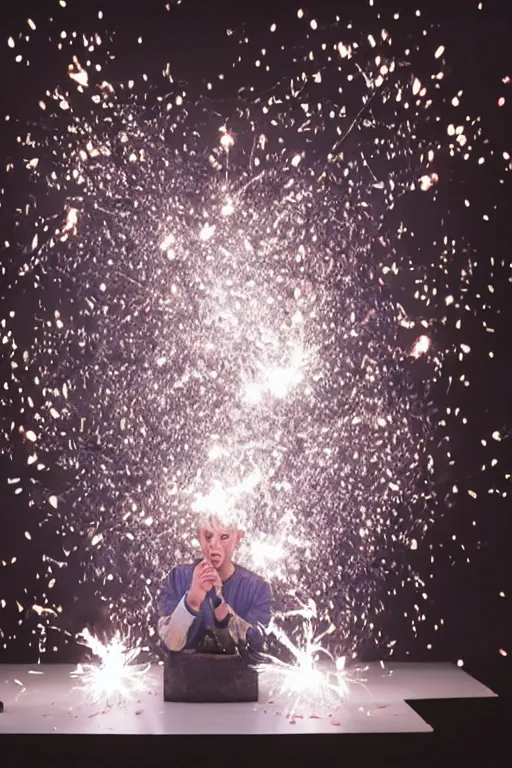 Image similar to margiela campaign featuring artist ben schumacher blowing out all the candles on the birthday cake, sparklers, realistic vfx simulation