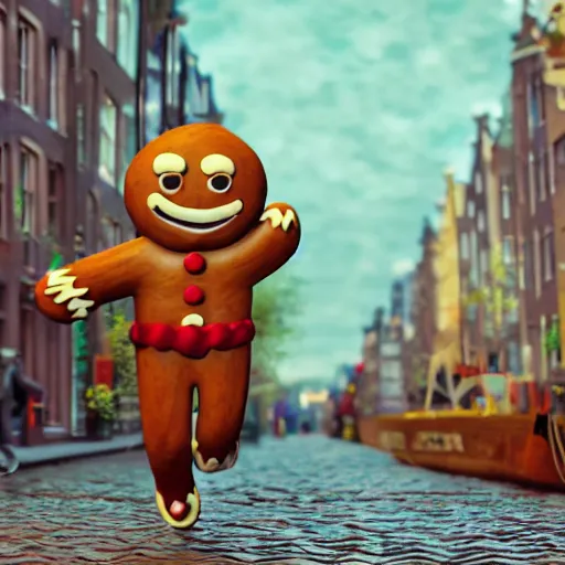 Image similar to a gingerbread man running around amsterdam, smoking weed, 3 d octane render, highly detailed, masterpiece, studio ghibli, amazing composition, hdr, gingerbread man is cute chibi,