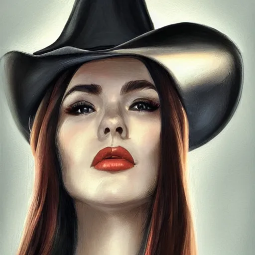 Image similar to portrait of a young woman, long dark hair and an angular face with a scar across the chin. cowboy hat, daring and bold, con - artist and spy, beautiful, rpg, dnd, artgerm